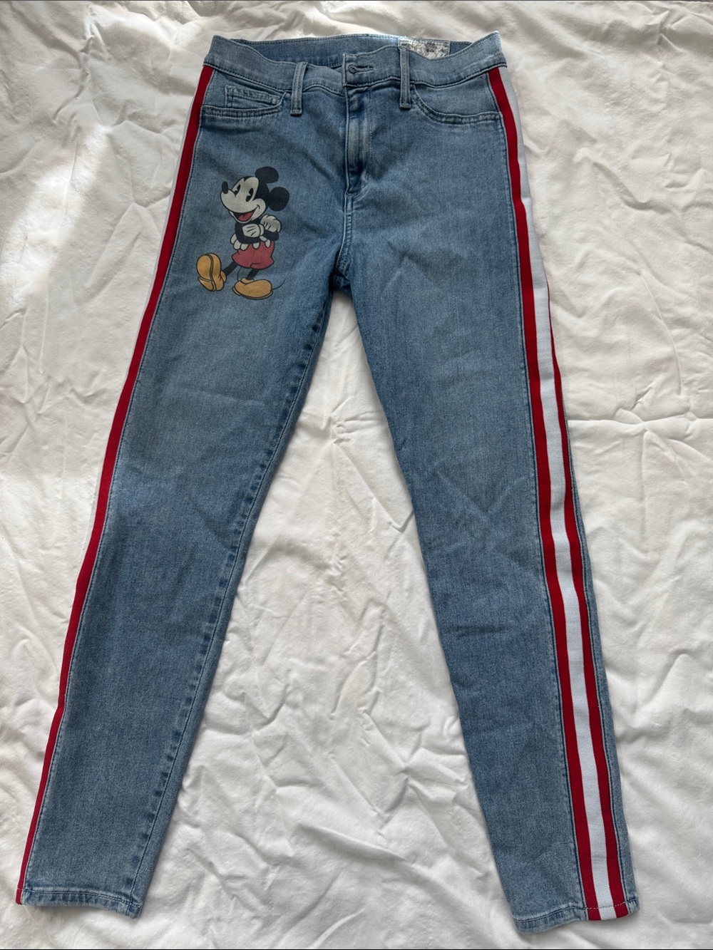 Siwy Light Blue Skinny Jeans with Red & White Side Stripes and Mickey Graphic